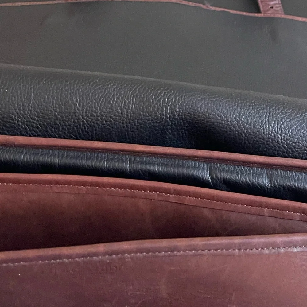 Vintage Custom Hide Leather Brass Button Briefcase W/ Strap Multi-pocket US-made